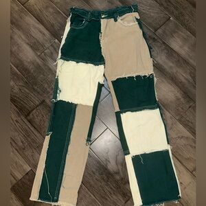 Green and tan colorblock pants